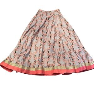 Indya Silk Blend Floral Maxi Skirt w/ Gold Trim & Coral Hem